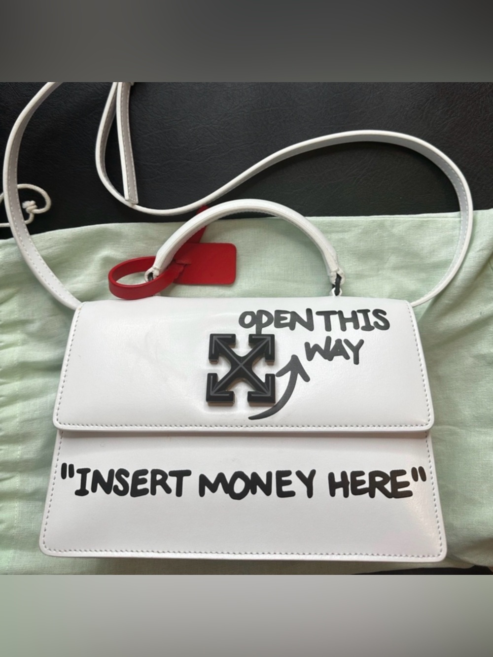 Off-White White Leather Jitney 1.4 Arrow Flap Top-Handle Bag with Black Graffiti